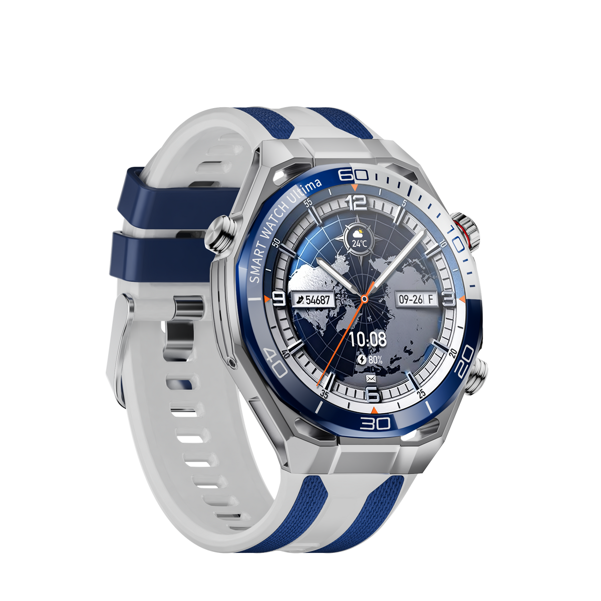 JS Watch 55 prata, pulseira azul e branca, vista lateral