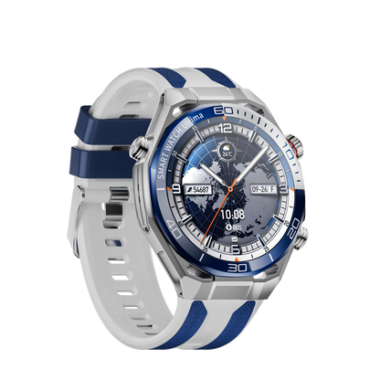 JS Watch 55 prata, pulseira azul e branca, vista lateral